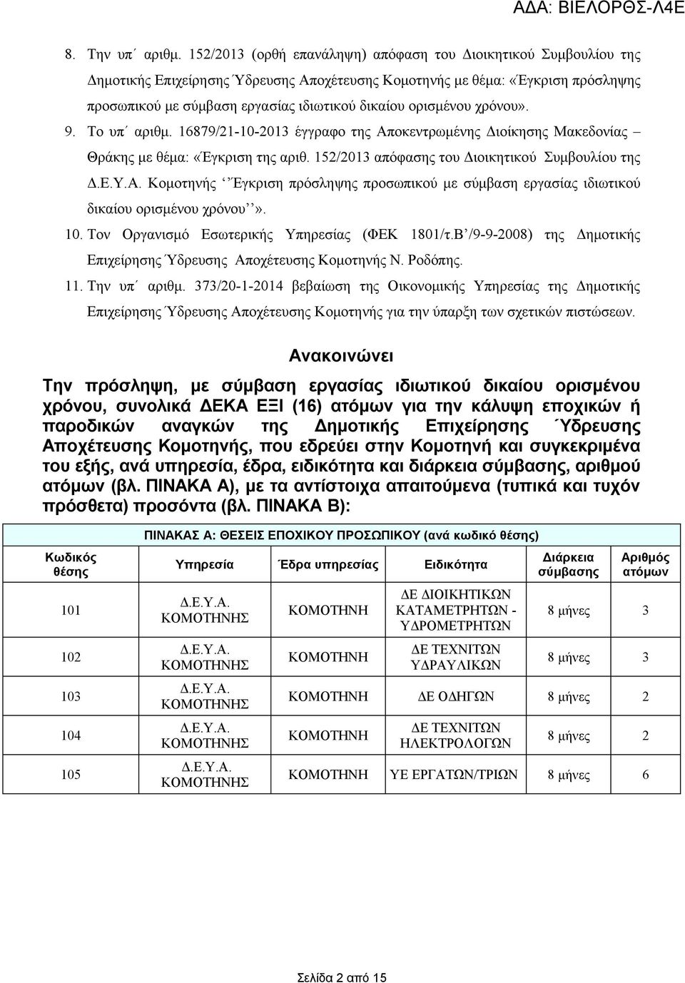 ορισμένου χρόνου». 9. Το υπ αριθμ. 16879/21-10-2013 έγγραφο της Αποκεντρωμένης Διοίκησης Μακεδονίας Θράκης με θέμα: «Έγκριση της αριθ. 152/2013 απόφασης του Διοικητικού Συμβουλίου της Δ.Ε.Υ.Α. Κομοτηνής Έγκριση πρόσληψης προσωπικού με σύμβαση εργασίας ιδιωτικού δικαίου ορισμένου χρόνου».