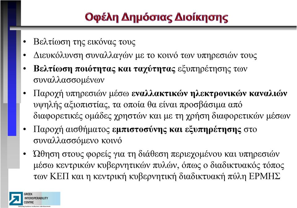 ομάδες χρηστών και με τη χρήση διαφορετικών μέσων Παροχή αισθήματος εμπιστοσύνης και εξυπηρέτησης στο συναλλασσόμενο κοινό Ώθηση ηστους φορείς