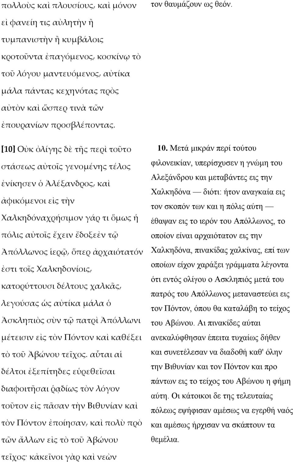 [10] Οὐκ ὀλίγης δὲ τῆς περὶ τοῦτο στάσεως αὐτοῖς γενοµένης τέλος ἐνίκησεν ὁ Ἀλέξανδρος καὶ ἀφικόµενοι εἰς τὴν Χαλκηδόναχρήσιµον γάρ τι ὅµως ἡ πόλις αὐτοῖς ἔχειν ἔδοξεἐν τῷ Ἀπόλλωνος ἱερῷ ὅπερ