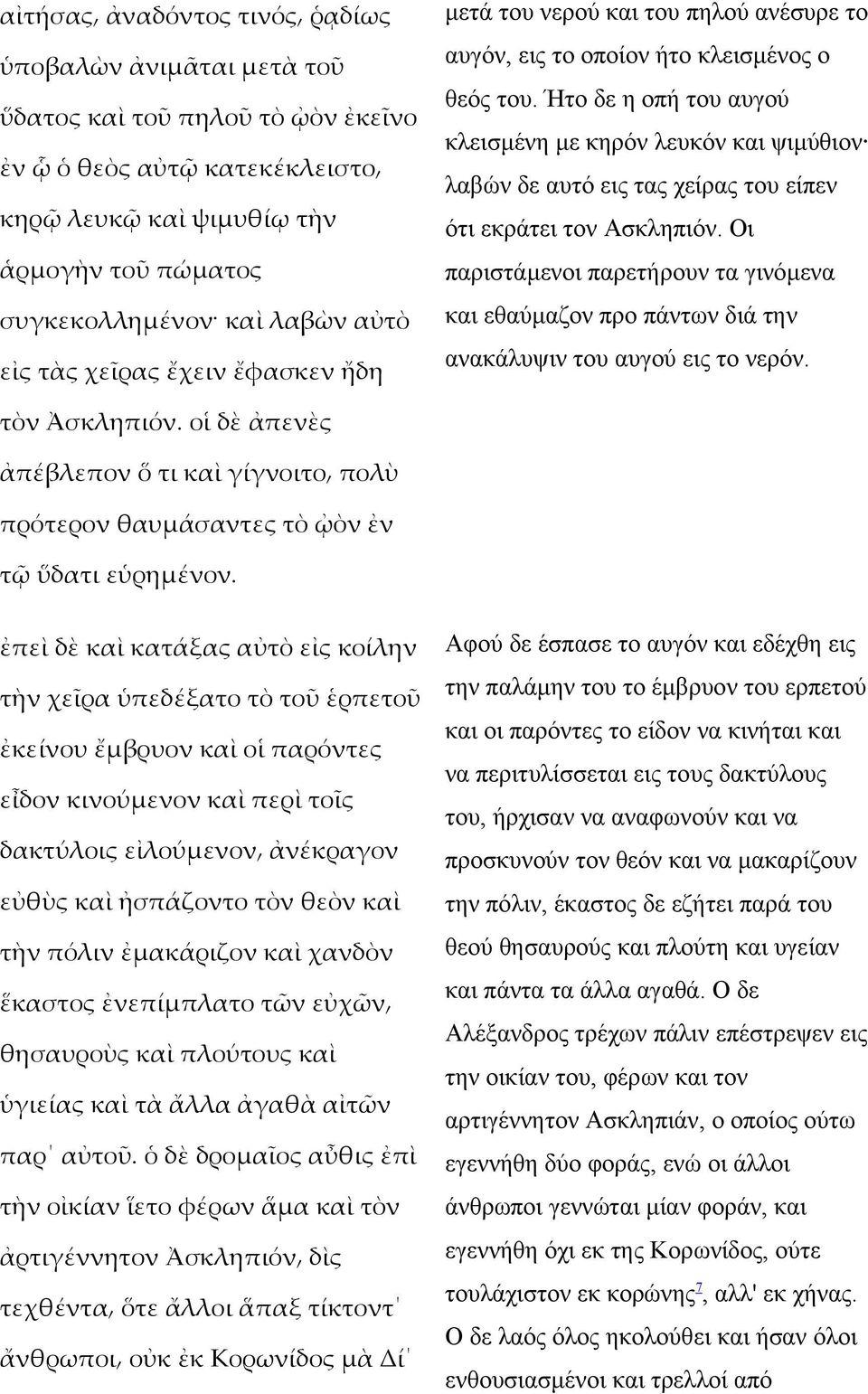 Ήτο δε η οπή του αυγού κλεισµένη µε κηρόν λευκόν και ψιµύθιον λαβών δε αυτό εις τας χείρας του είπεν ότι εκράτει τον Ασκληπιόν.