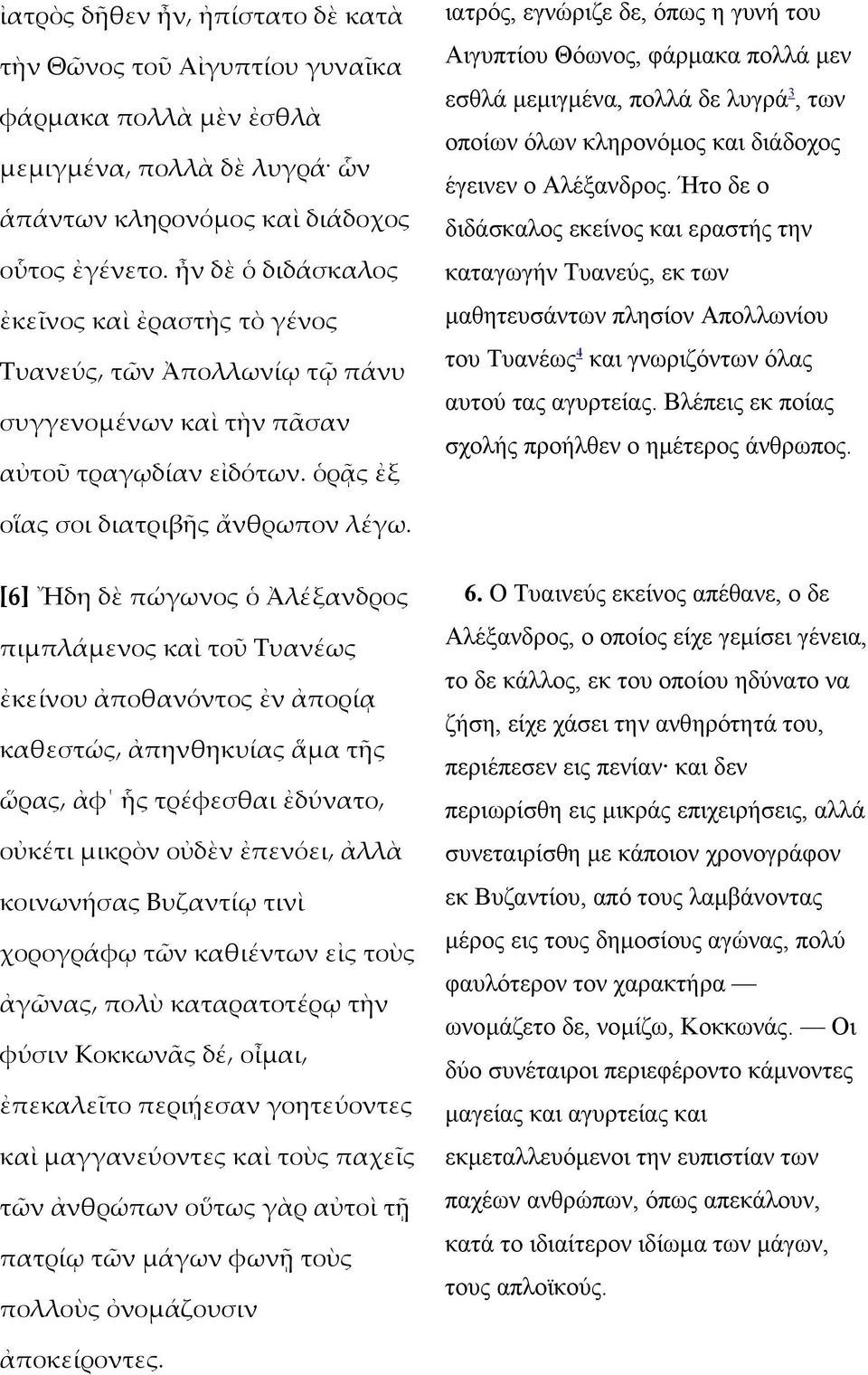 ὁρᾷς ἐξ ιατρός, εγνώριζε δε, όπως η γυνή του Αιγυπτίου Θόωνος, φάρµακα πολλά µεν εσθλά µεµιγµένα, πολλά δε λυγρά 3, των οποίων όλων κληρονόµος και διάδοχος έγεινεν ο Αλέξανδρος.