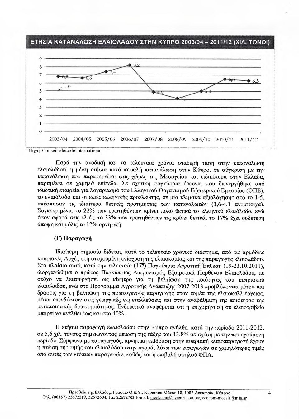 κατανάλωση ελαιολάδου, η µέση ετήσια κατά κεφαλή κατανάλωση στην Κύπρο, σε σύγκριση µε την κατανάλωση που παρατηρείται στις χώρες της Μεσογείου και ειδικότερα στην Ελλάδα, παραµένει σε χαµηλά επίπεδα.