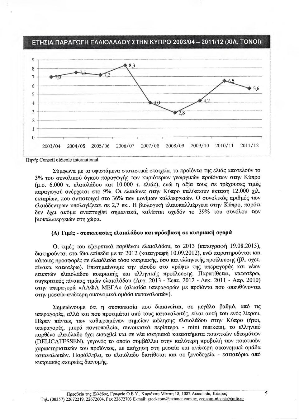 ελιάς αποτελούν το 3 /ο τον συνολικού όγκού παραγωγής των κυριότερων γεωργικών προϊόντων στην Κύπρο (µ.ο. 6.000 τ. ελαιολάδον και 10.000 τ. ελιάς), ενώ η αξία τους σε τρέχουσες τιµές παραγωγού ανέρχεται στο 9 /ο.