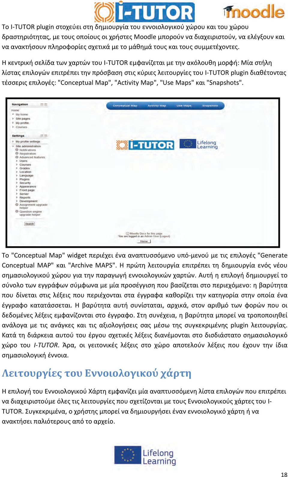 Η κεντρική σελίδα των χαρτών του I TUTOR εμφανίζεται με την ακόλουθη μορφή: Μία στήλη λίστας επιλογών επιτρέπει την πρόσβαση στις κύριες λειτουργίες του I TUTOR plugin διαθέτοντας τέσσερις επιλογές: