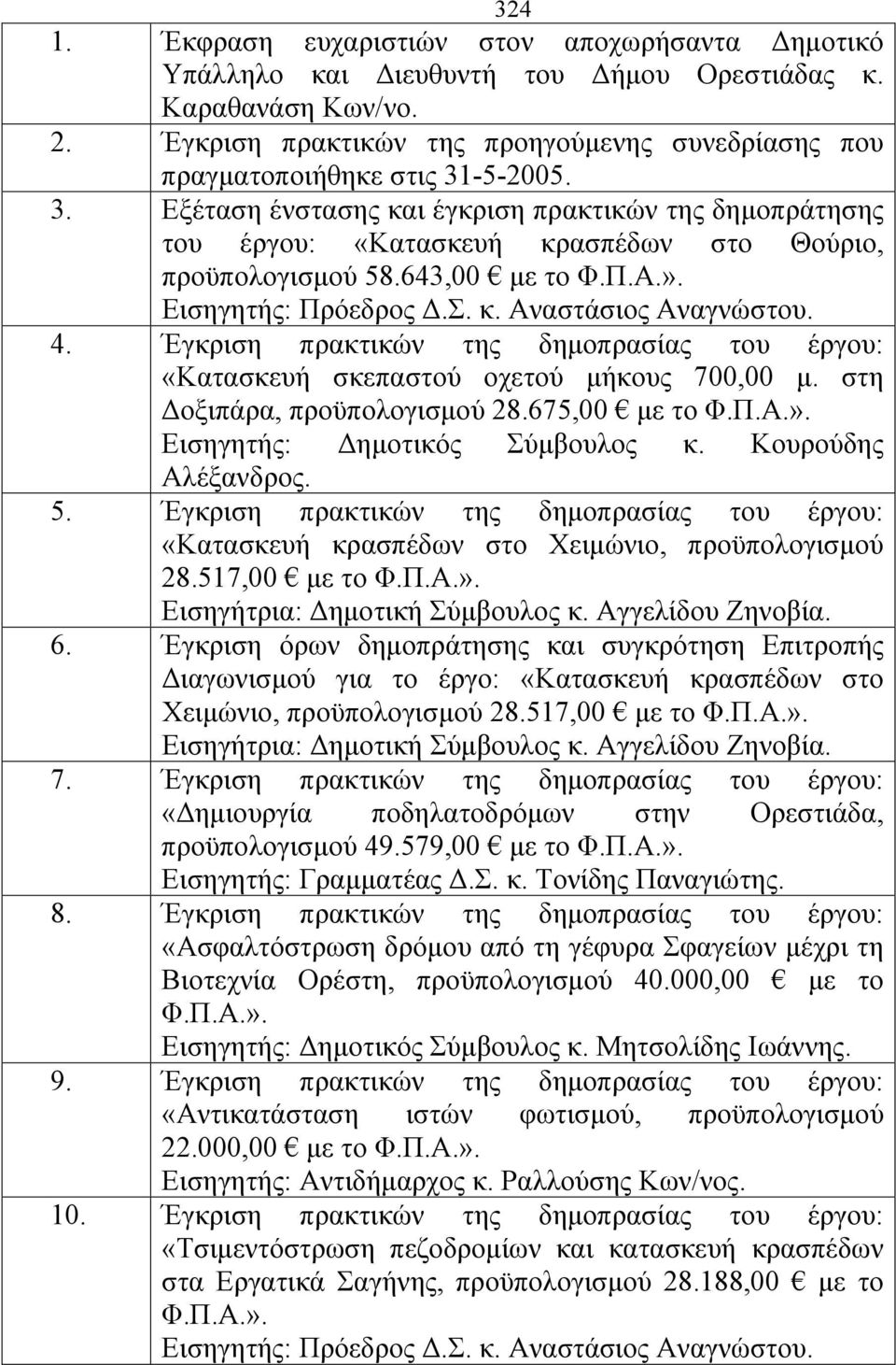 643,00 με το Φ.Π.Α.». Εισηγητής: Πρόεδρος Δ.Σ. κ. Αναστάσιος Αναγνώστου. 4. Έγκριση πρακτικών της δημοπρασίας του έργου: «Κατασκευή σκεπαστού οχετού μήκους 700,00 μ. στη Δοξιπάρα, προϋπολογισμού 28.