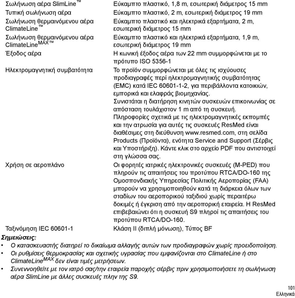 κωνική έξοδος αέρα των 22 mm συμμορφώνεται με το πρότυπο ISO 5356-1 Ηλεκτρομαγνητική συμβατότητα Το προϊόν συμμορφώνεται με όλες τις ισχύουσες προδιαγραφές περί ηλεκτρομαγνητικής συμβατότητας (EMC)