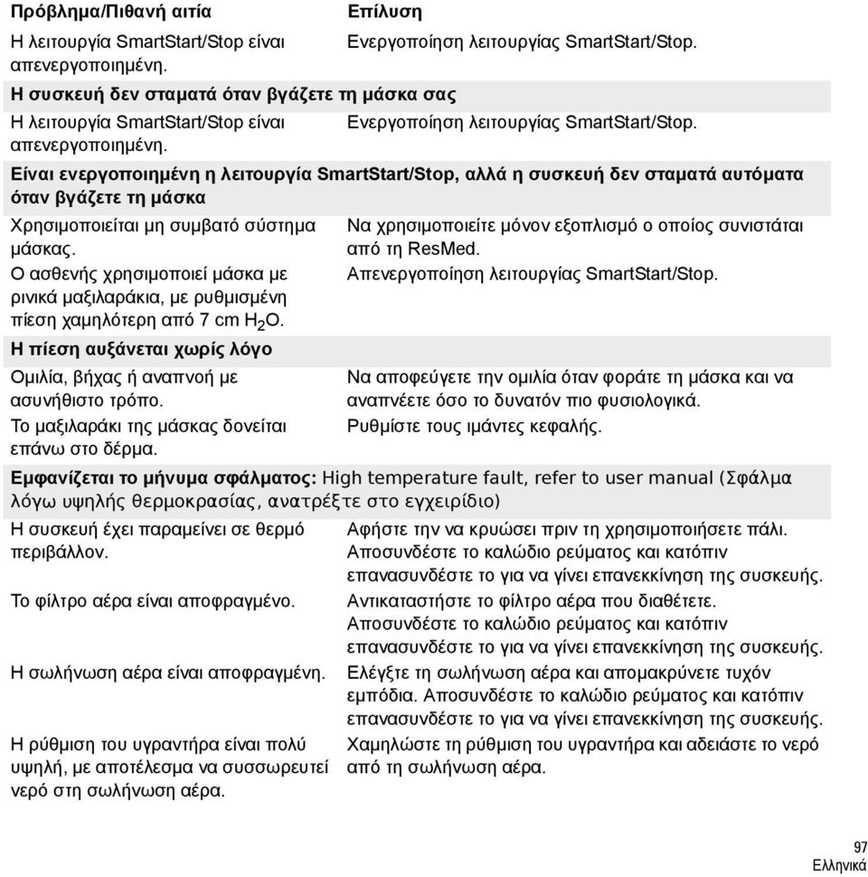 Είναι ενεργοποιημένη η λειτουργία SmartStart/Stop, αλλά η συσκευή δεν σταματά αυτόματα όταν βγάζετε τη μάσκα Χρησιμοποιείται μη συμβατό σύστημα μάσκας.