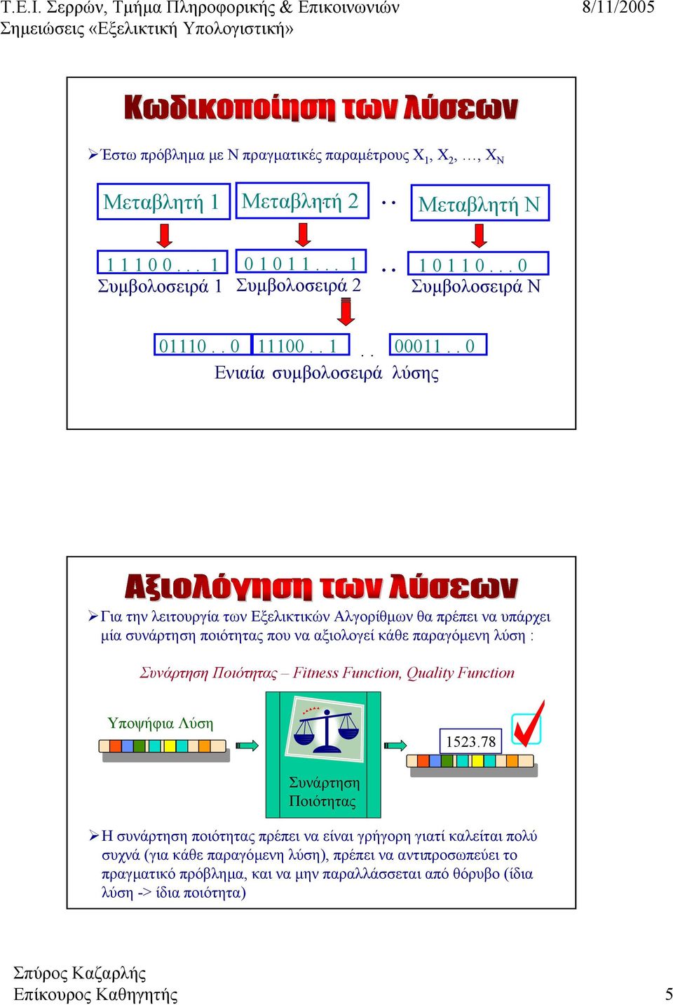 . 0 Ενιαία συµβολοσειρά λύσης Για την λειτουργία των Εξελικτικών Αλγορίθµων θα πρέπει να υπάρχει µία συνάρτηση ποιότητας που να αξιολογεί κάθε παραγόµενη λύση :