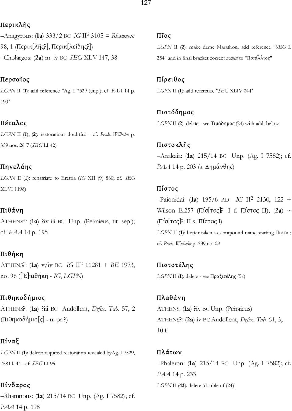 PAA 14 p. 190" Πέταλος LGPN II (1), (2): restorations doubtful cf. Prak. Wilhelm p. 339 nos. 26-7 (SEG LI 42) Πηνελάης LGPN II (1): repatriate to Eretria (IG XII (9) 860; cf.