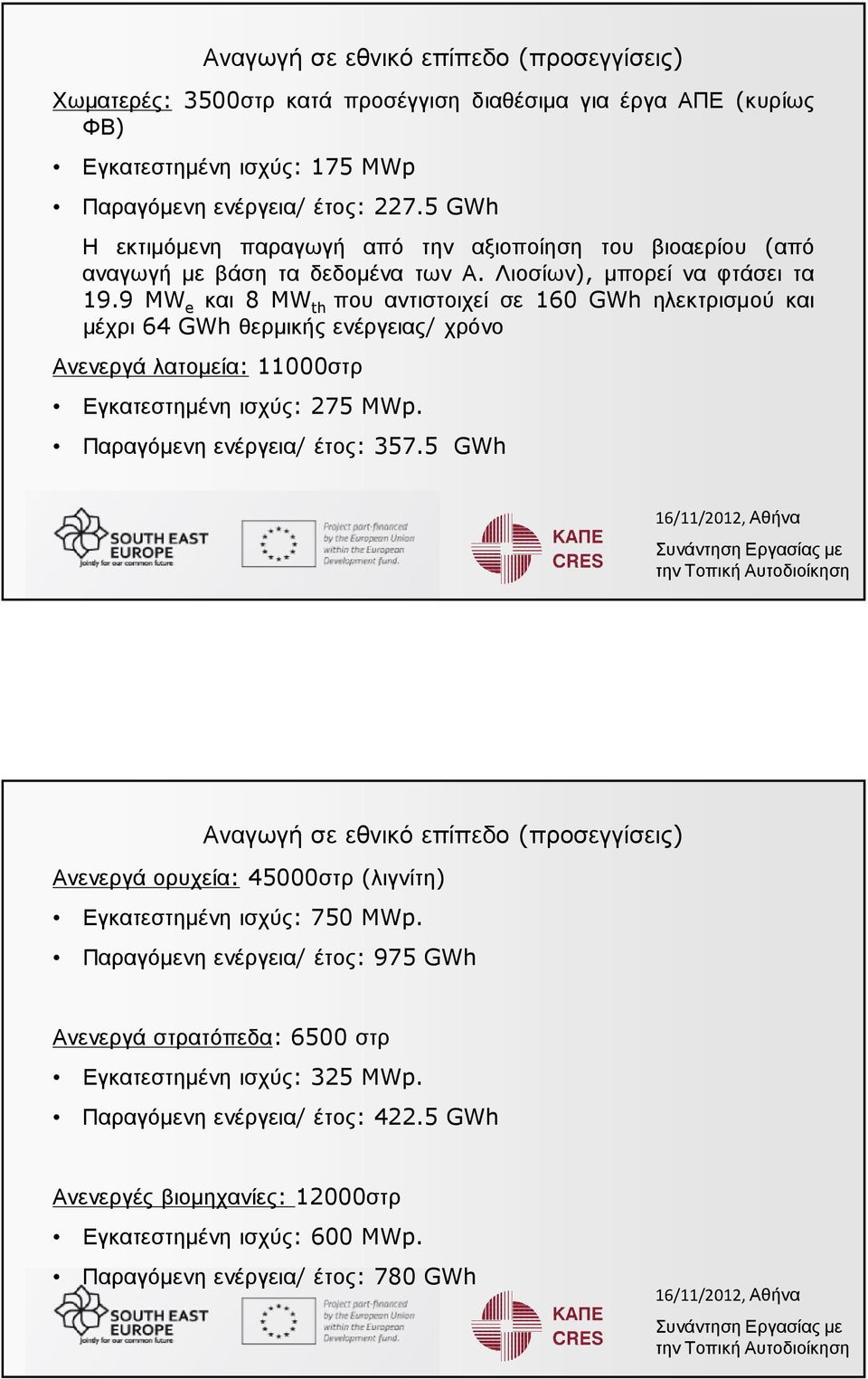 9 MW e και 8 MW th που αντιστοιχεί σε 160 GWh ηλεκτρισµού και µέχρι 64 GWhθερµικήςενέργειας/ χρόνο Ανενεργάλατοµεία: 11000στρ Εγκατεστηµένηισχύς: 275 MWp. Παραγόµενηενέργεια/ έτος: 357.