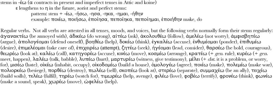 (defend oneself), βοηθέω (help), δοκέω (think), ἐγκαλέω (accuse), ἐνθυμέομαι (ponder), ἐπιθυμέω (desire), ἐπιμελέομαι (take care of), ἐπιχειρέω (attempt), ζητέω (seek), ἡγέομαι (lead, consider),