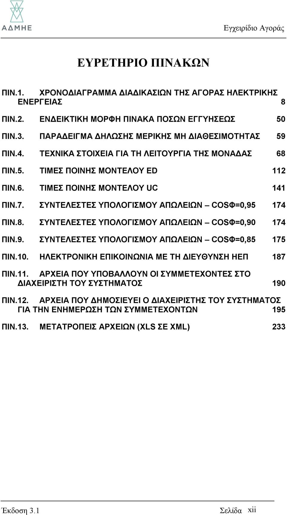 9. ΣΥΝΤΕΛΕΣΤΕΣ ΥΠΟΛΟΓΙΣΜΟΥ ΑΠΩΛΕΙΩΝ COSΦ=0,85 175 ΠΙΝ.10. ΗΛΕΚΤΡΟΝΙΚΗ ΕΠΙΚΟΙΝΩΝΙΑ ΜΕ ΤΗ ΔΙΕΥΘΥΝΣΗ ΗΕΠ 187 ΠΙΝ.11. ΑΡΧΕΙΑ ΠΟΥ ΥΠΟΒΑΛΛΟΥΝ ΟΙ ΣΥΜΜΕΤΕΧΟΝΤΕΣ ΣΤΟ ΔΙΑΧΕΙΡΙΣΤΗ ΤΟΥ ΣΥΣΤΗΜΑΤΟΣ 190 ΠΙΝ.12.