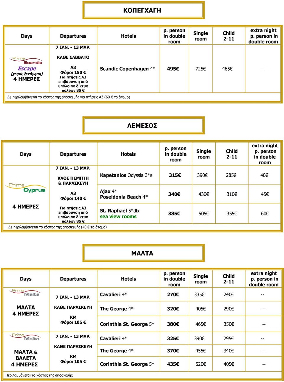 Raphael 5*dlx sea view s 340 430 310 45 385 505 355 60 ΜΑΛΤΑ in double ΜΑΛΤΑ ΚΜ Φόροι 105 Cavalieri 4* 270 335 240 -- The George 4* 320 405 290 --