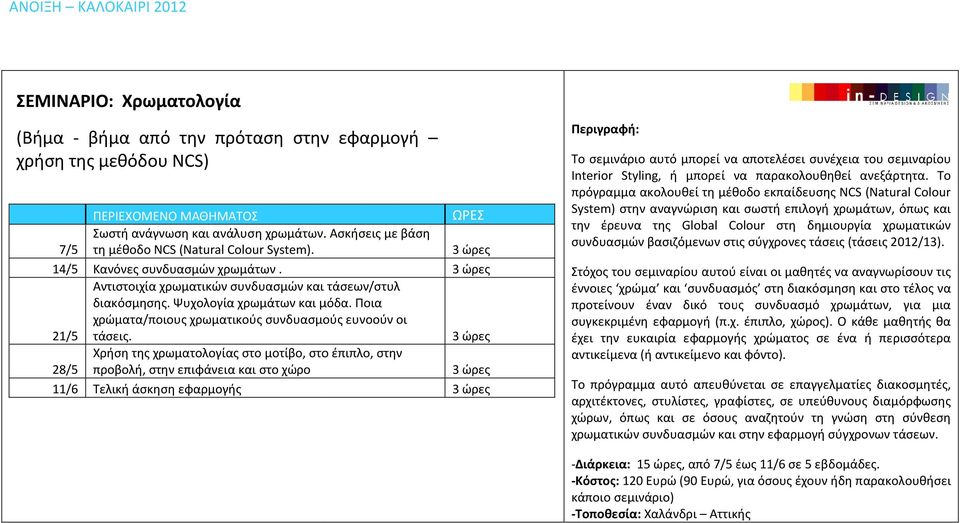 Χρήση της χρωματολογίας στο μοτίβο, στο έπιπλο, στην 28/5 προβολή, στην επιφάνεια και στο χώρο 11/6 Τελική άσκηση εφαρμογής Το σεμινάριο αυτό μπορεί να αποτελέσει συνέχεια του σεμιναρίου Interior