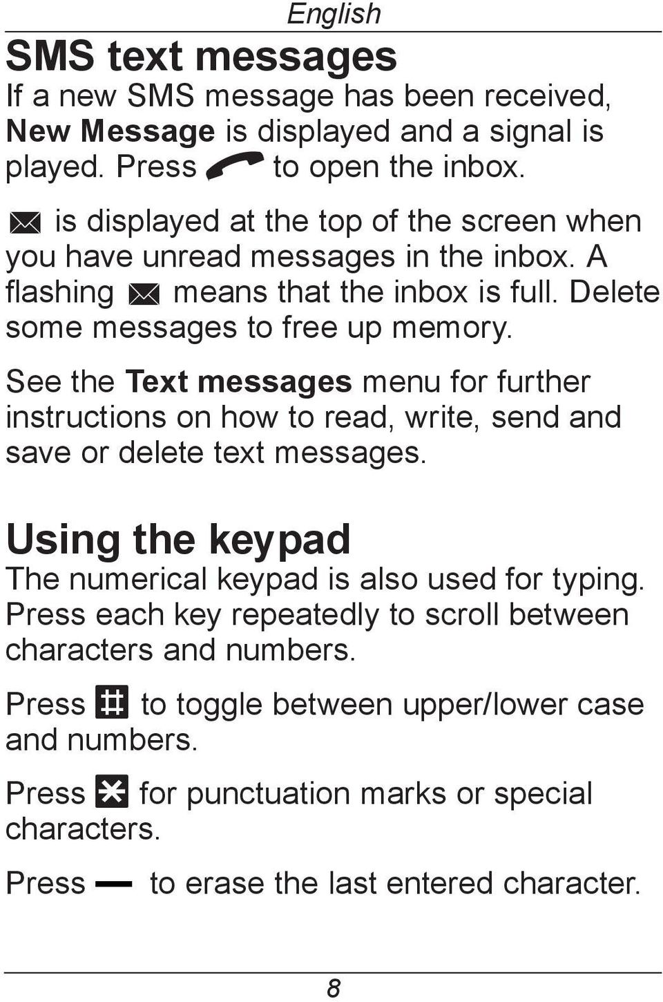 See the Text messages menu for further instructions on how to read, write, send and save or delete text messages. Using the keypad The numerical keypad is also used for typing.