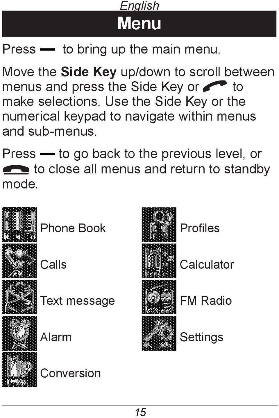 Use the Side Key or the numerical keypad to navigate within menus and sub-menus.