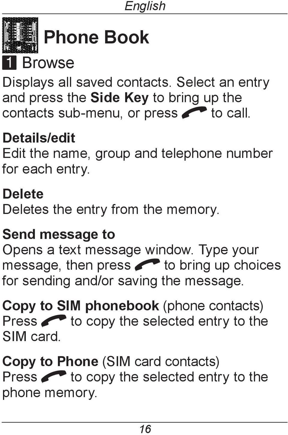 Details/edit Edit the name, group and telephone number for each entry. Delete Deletes the entry from the memory.