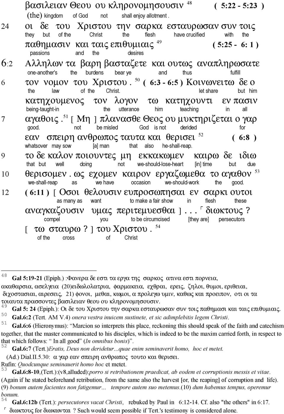 βασταζετε και ουτως αναπληρωσατε one-another's the burdens bear ye and thus fulfill 6 τον νοµον του Χριστου. 50 ( 6:3-6:5 ) Κοινωνειτω δε ο the law of the Christ.