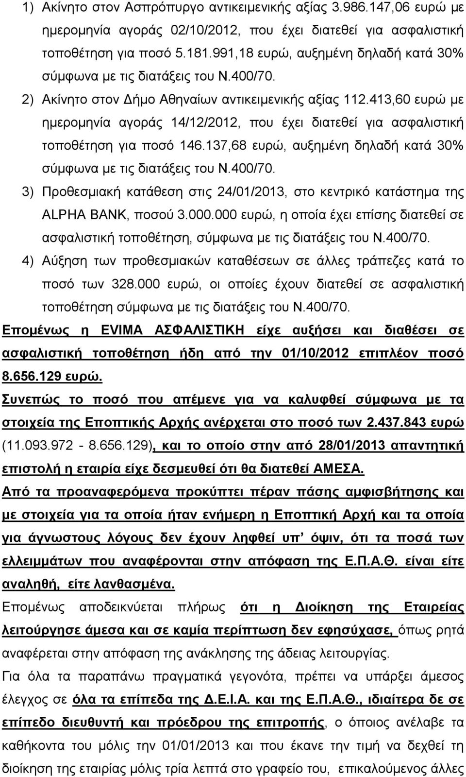 413,60 επξώ κε εκεξνκελία αγνξάο 14/12/2012, πνπ έρεη δηαηεζεί γηα αζθαιηζηηθή ηνπνζέηεζε γηα πνζό 146.137,68 επξώ, απμεκέλε δειαδή θαηά 30% ζύκθσλα κε ηηο δηαηάμεηο ηνπ Ν.400/70.