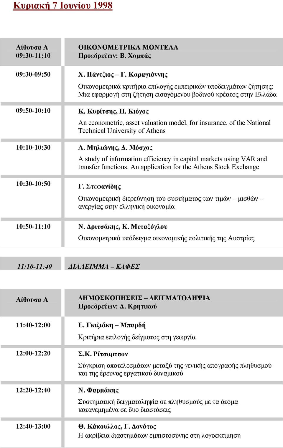 Κιόχος An econometric, asset valuation model, for insurance, of the National Technical University of Athens 10:10-10:30 Α. Μηλιώνης, Δ.