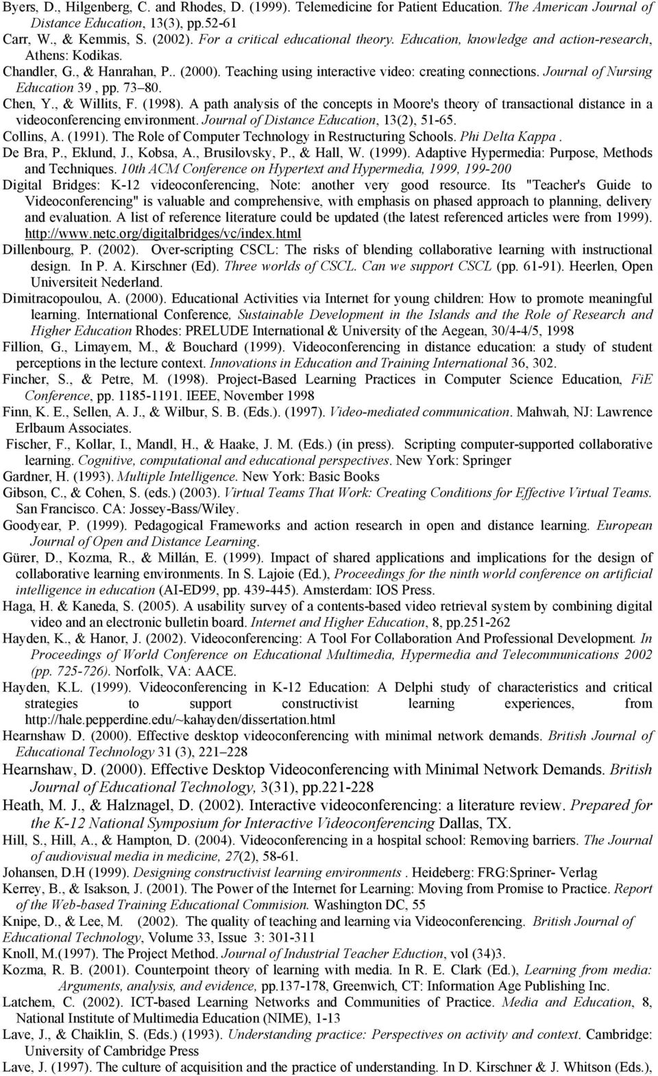 Journal of Nursing Education 39, pp. 73 80. Chen, Y., & Willits, F. (1998). A path analysis of the concepts in Moore's theory of transactional distance in a videoconferencing environment.