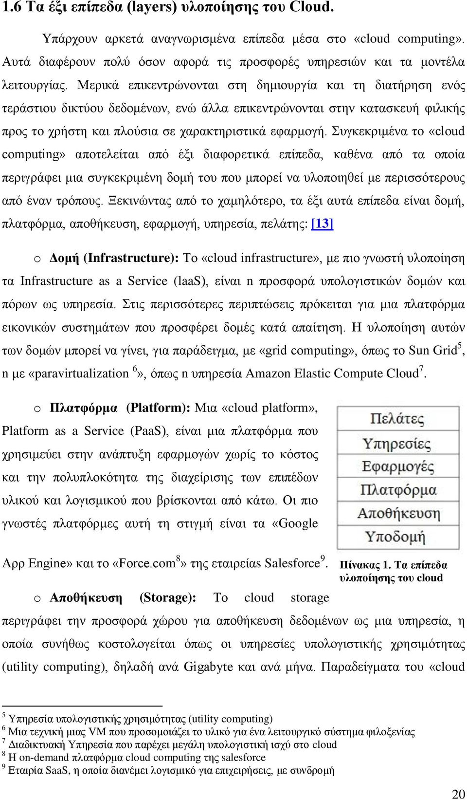 πγθεθξηκέλα ην «cloud computing» απνηειείηαη απφ έμη δηαθνξεηηθά επίπεδα, θαζέλα απφ ηα νπνία πεξηγξάθεη κηα ζπγθεθξηκέλε δνκή ηνπ πνπ κπνξεί λα πινπνηεζεί κε πεξηζζφηεξνπο απφ έλαλ ηξφπνπο.