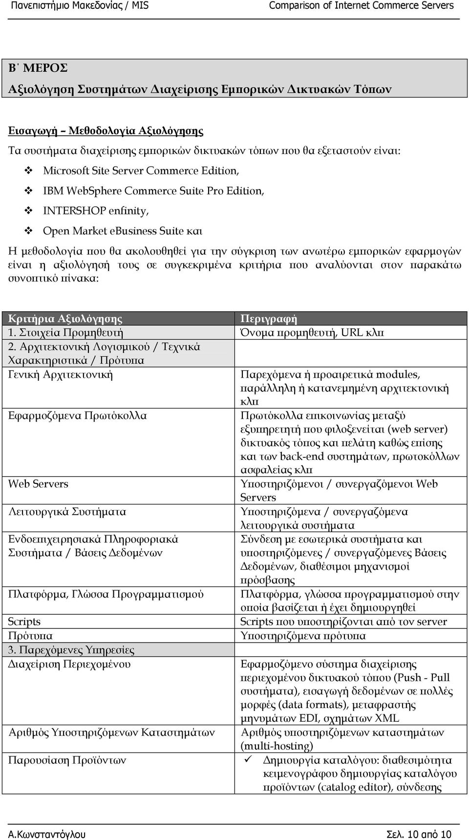 είναι η αξιολόγησή τους σε συγκεκριµένα κριτήρια που αναλύονται στον παρακάτω συνοπτικό πίνακα: Κριτήρια Αξιολόγησης Περιγραφή 1. Στοιχεία Προµηθευτή Όνοµα προµηθευτή, URL κλπ 2.