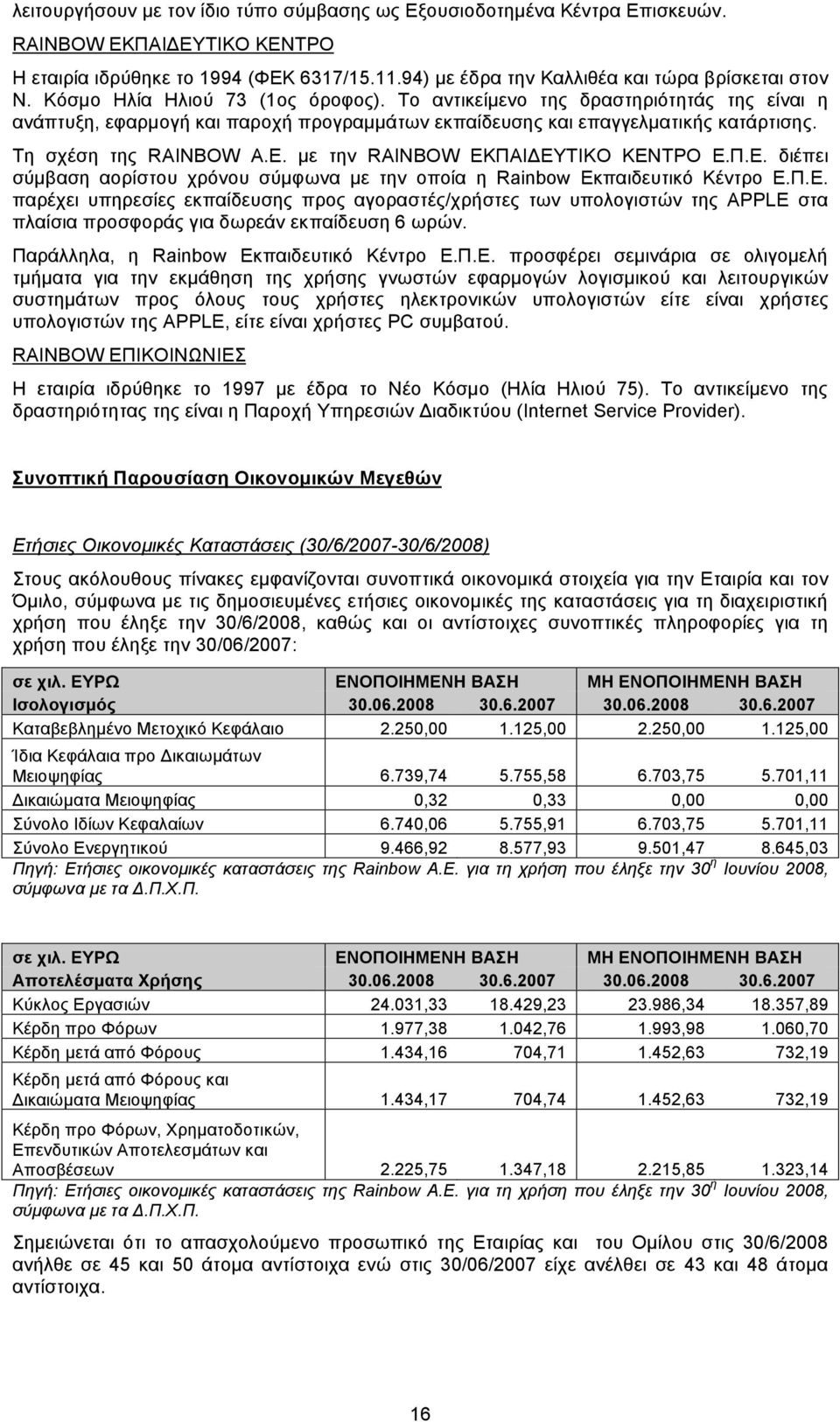 µε την RAINBOW ΕΚΠΑΙΔΕΥΤΙΚΟ ΚΕΝΤΡΟ Ε.Π.Ε. διέπει σύµβαση αορίστου χρόνου σύµφωνα µε την οποία η Rainbow Εκπαιδευτικό Κέντρο Ε.Π.Ε. παρέχει υπηρεσίες εκπαίδευσης προς αγοραστές/χρήστες των υπολογιστών της APPLE στα πλαίσια προσφοράς για δωρεάν εκπαίδευση 6 ωρών.