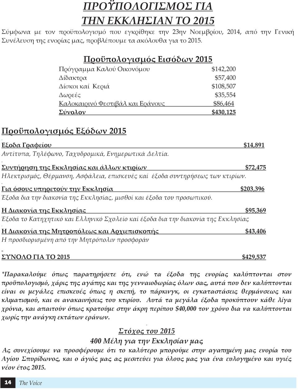 Προϋπολογισμός Εξόδων 2015 Εξοδα Γραφείου $14,891 Αντίτυπα, Τηλέφωνο, Ταχυδρομικά, Ενημερωτικά Δελτία.