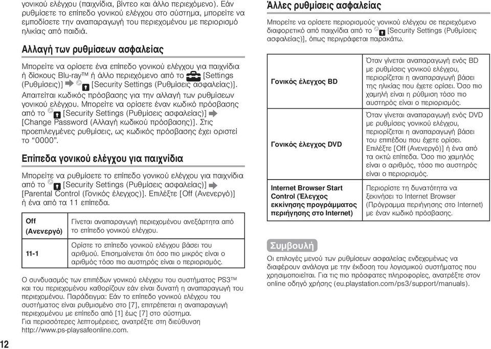 Αλλαγή των ρυθμίσεων ασφαλείας Μπορείτε να ορίσετε ένα επίπεδο γονικού ελέγχου για παιχνίδια ή δίσκους Blu-ray ή άλλο περιεχόμενο από το [Settings (Ρυθμίσεις)] [Security Settings (Ρυθμίσεις