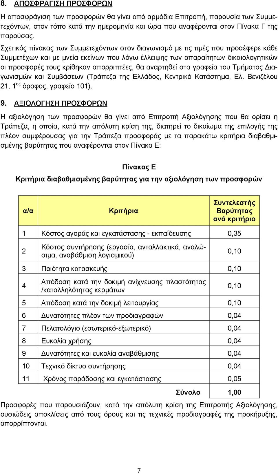 απορριπτέες, θα αναρτηθεί στα γραφεία του Τµήµατος ιαγωνισµών και Συµβάσεων (Τράπεζα της Ελλάδος, Κεντρικό Κατάστηµα, Ελ. Βενιζέλου 21, 1 ος όροφος, γραφείο 101). 9.