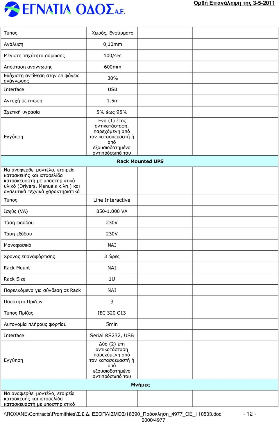 ) και αναλυτικά τεχνικά χαρακτηριστικά Τύπος Ισχύς (VA) Τάση εισόδου Τάση εξόδου Μονοφασικό Χρόνος επαναφόρτισης Rack Mount Rack Size Παρελκόµενα για σύνδεση σε Rack Line Interactive 850-1.