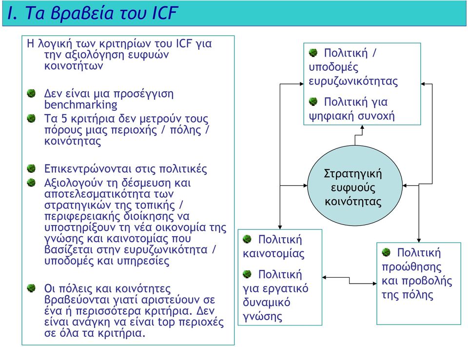 υποστηρίξουν τη νέα οικονοµία της γνώσης και καινοτοµίας που βασίζεται στην ευρυζωνικότητα / υποδοµές και υπηρεσίες Οι πόλεις και κοινότητες βραβεύονται γιατί αριστεύουν σε ένα ή περισσότερα