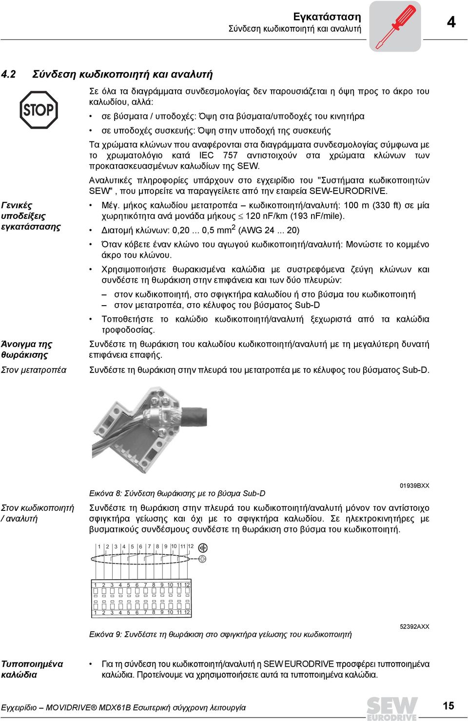 σε βύσµατα / υποδοχές: Όψη στα βύσµατα/υποδοχές του κινητήρα σε υποδοχές συσκευής: Όψη στην υποδοχή της συσκευής Τα χρώµατα κλώνων που αναφέρονται στα διαγράµµατα συνδεσµολογίας σύµφωνα µε το