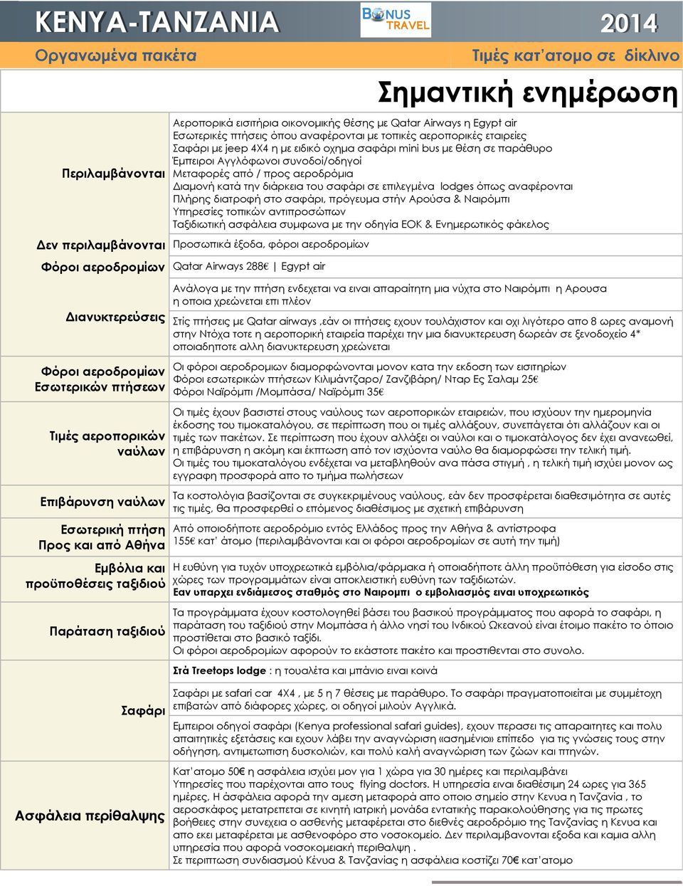 σαφάρι, πρόγευµα στήν Αρούσα & Ναιρόµπι Υπηρεσίες τοπικών αντιπροσώπων Ταξιδιωτική ασφάλεια συµφωνα µε την οδηγία ΕΟΚ & Ενηµερωτικός φάκελος εν περιλαµβάνονται Προσωπικά έξοδα, φόροι αεροδροµίων