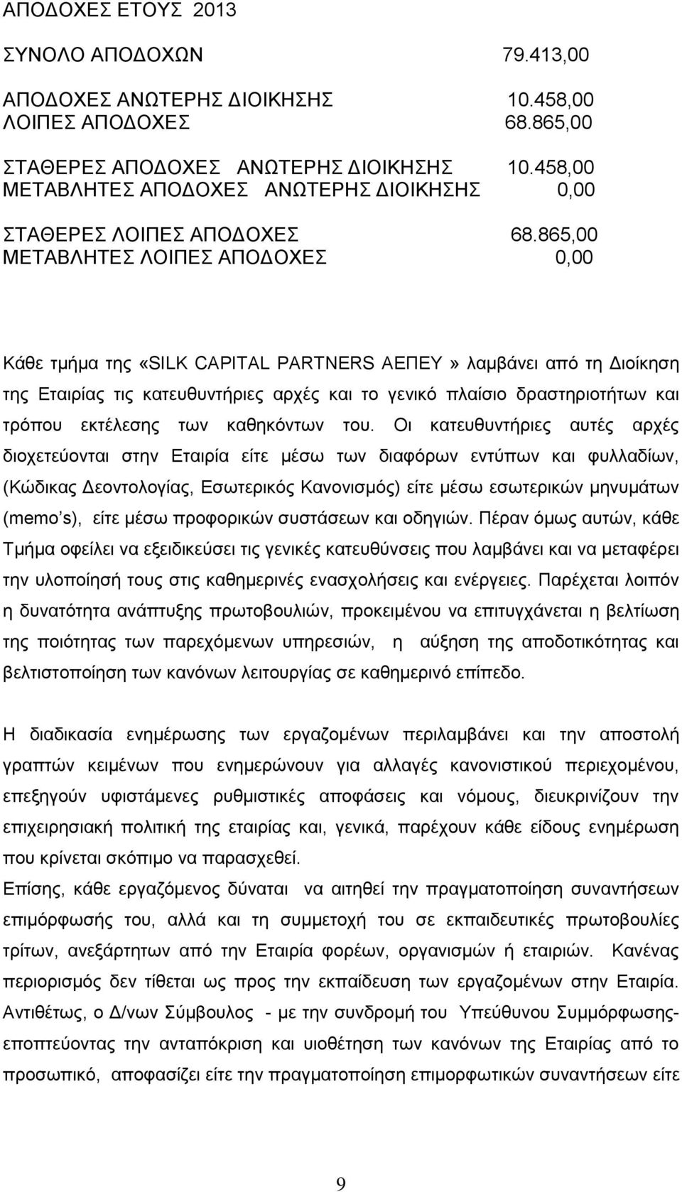 865,00 ΜΕΤΑΒΛΗΤΕΣ ΛΟΙΠΕΣ ΑΠΟΔΟΧΕΣ 0,00 Κάθε τμήμα της «SILK CAPITAL PARTNERS ΑΕΠΕΥ» λαμβάνει από τη Διοίκηση της Εταιρίας τις κατευθυντήριες αρχές και το γενικό πλαίσιο δραστηριοτήτων και τρόπου