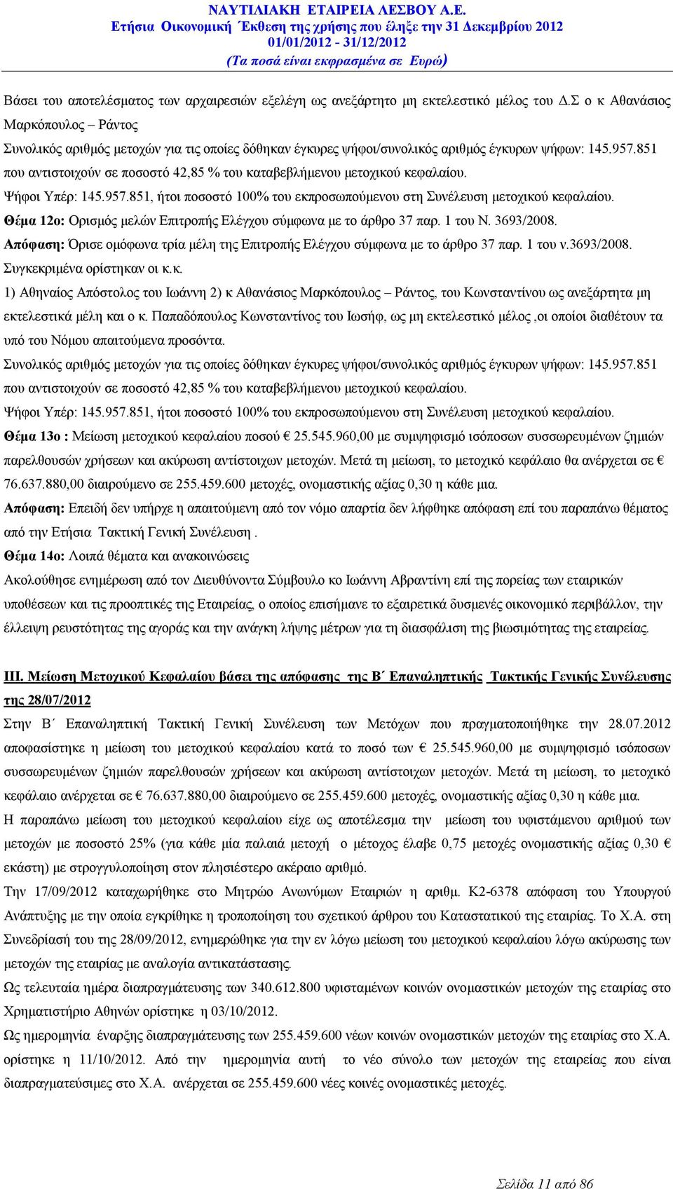 851 που αντιστοιχούν σε ποσοστό 42,85 % του καταβεβλήμενου μετοχικού κεφαλαίου. Ψήφοι Υπέρ: 145.957.851, ήτοι ποσοστό 100% του εκπροσωπούμενου στη Συνέλευση μετοχικού κεφαλαίου.