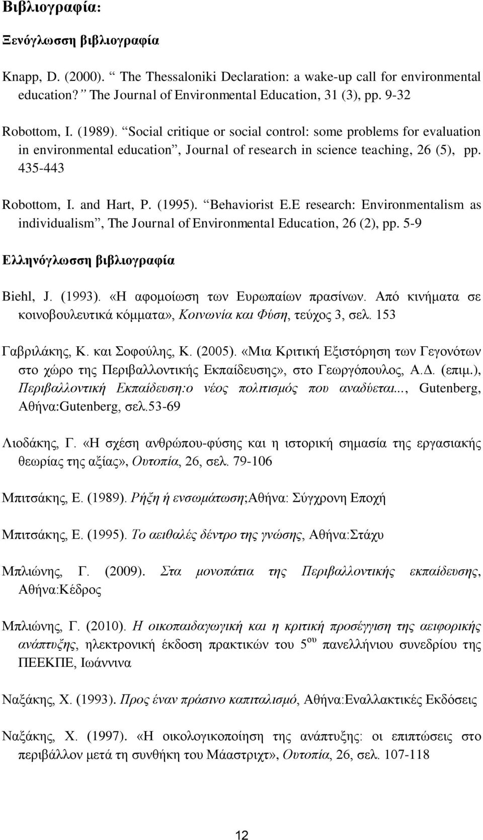 Behaviorist E.E research: Environmentalism as individualism, The Journal of Environmental Education, 26 (2), pp. 5-9 Δλληνόγλυζζη βιβλιογπαθία Biehl, J. (1993). «Η αθνκνίσζε ησλ Δπξσπαίσλ πξαζίλσλ.