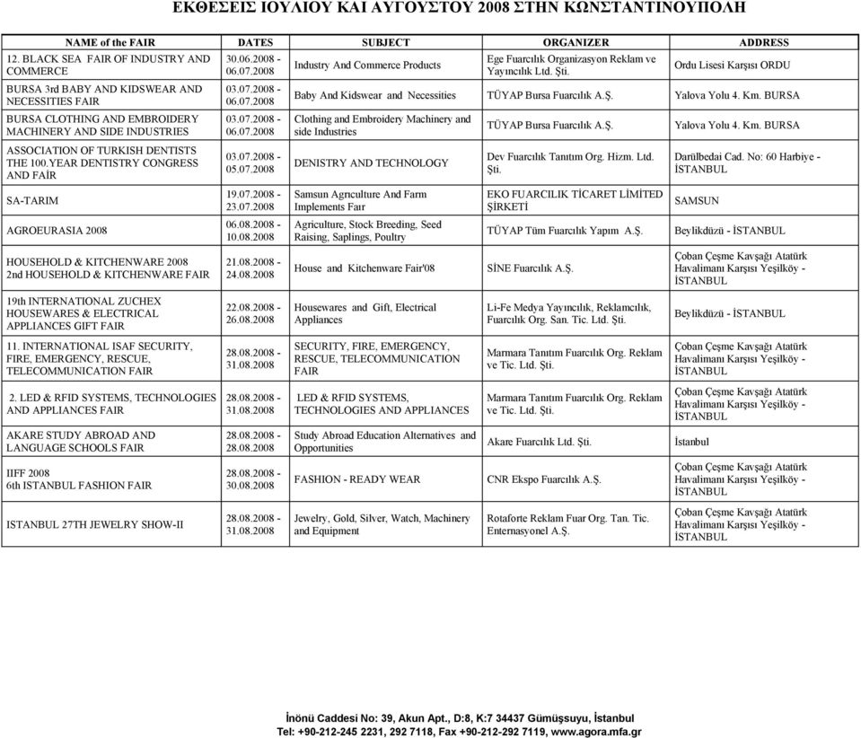 YEAR DENTISTRY CONGRESS AND FAİR SA-TARIM AGROEURASIA 2008 HOUSEHOLD & KITCHENWARE 2008 2nd HOUSEHOLD & KITCHENWARE FAIR 30.06.2008-06.07.2008 03.07.2008-06.07.2008 03.07.2008-06.07.2008 03.07.2008-05.