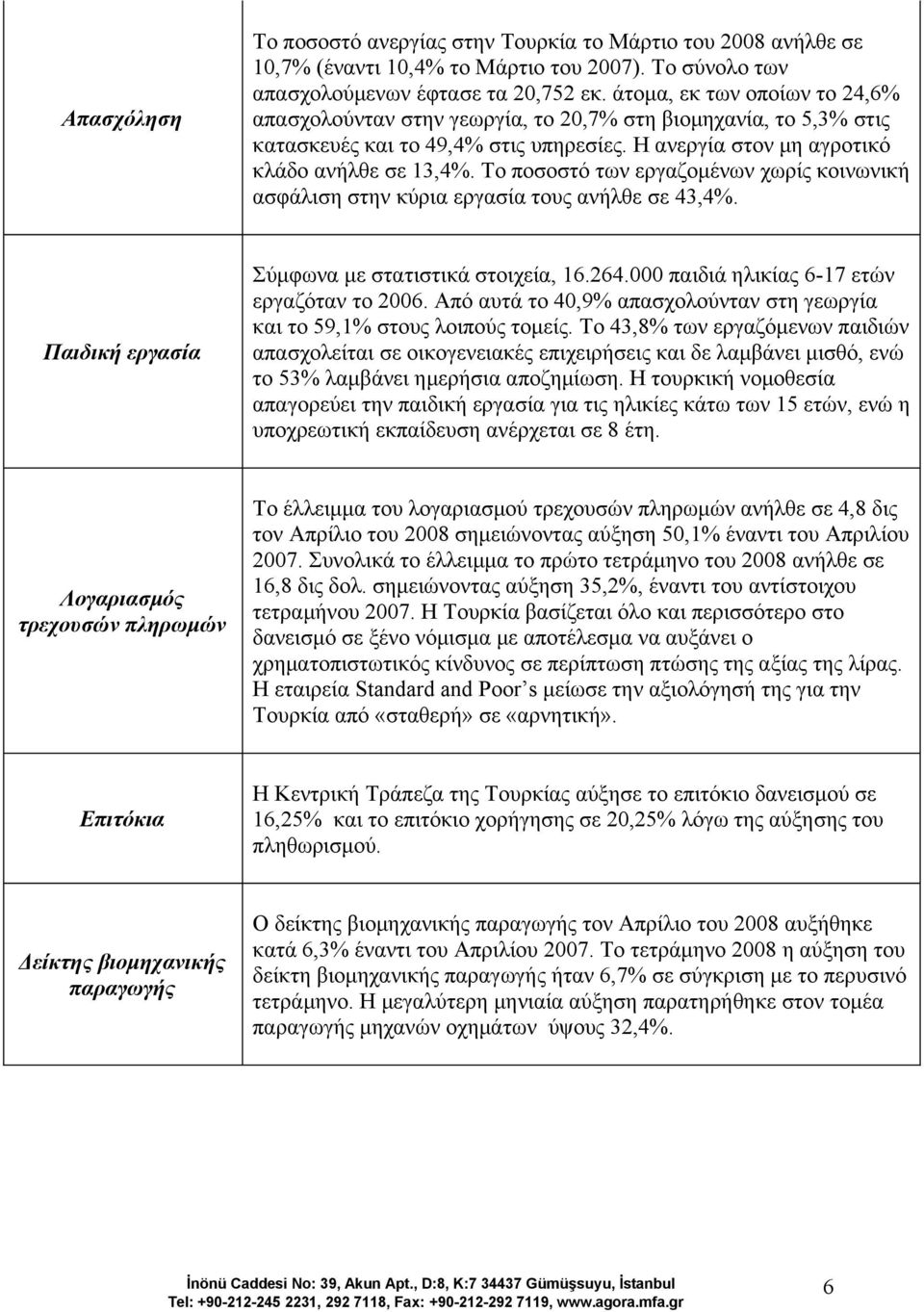 Το ποσοστό των εργαζομένων χωρίς κοινωνική ασφάλιση στην κύρια εργασία τους ανήλθε σε 43,4%. Παιδική εργασία Σύμφωνα με στατιστικά στοιχεία, 16.264.000 παιδιά ηλικίας 6-17 ετών εργαζόταν το 2006.