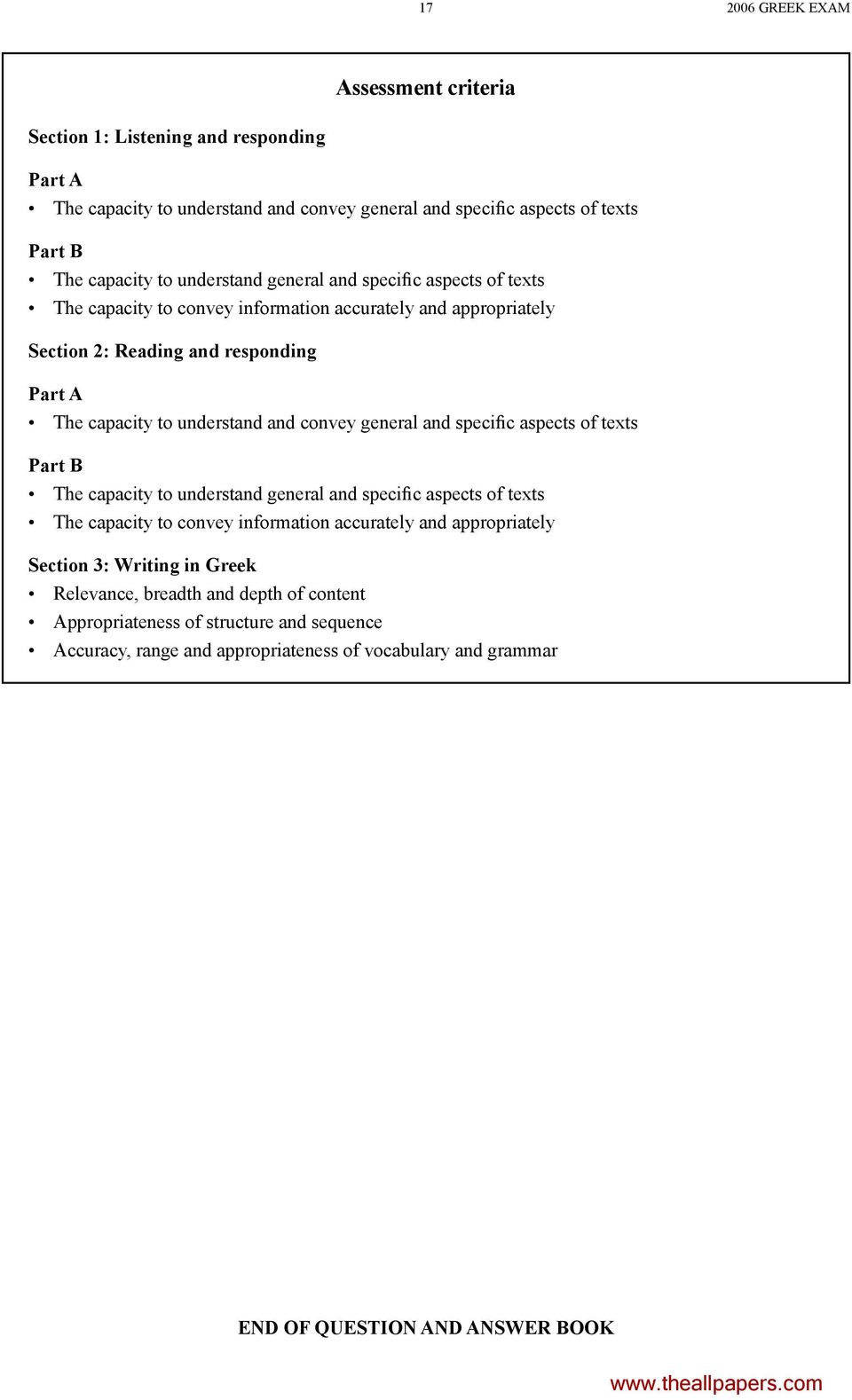 convey general and speciþc aspects of texts Part B The capacity to understand general and speciþc aspects of texts The capacity to convey information accurately and appropriately Section