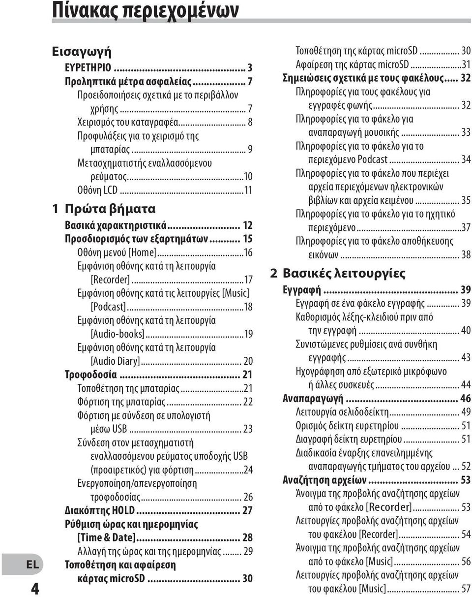 .. 15 Οθόνη μενού [Home]...16 Εμφάνιση οθόνης κατά τη λειτουργία [Recorder]...17 Εμφάνιση οθόνης κατά τις λειτουργίες [Music] [Podcast]...18 Εμφάνιση οθόνης κατά τη λειτουργία [Audio books].