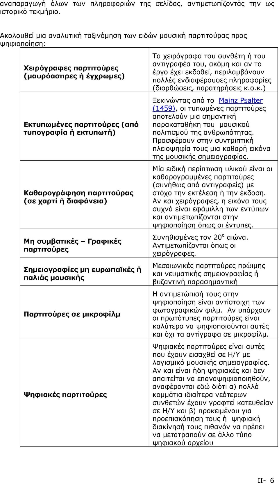 παρτιτούρας (σε χαρτί ή διαφάνεια) Μη συμβατικές Γραφικές παρτιτούρες Σημειογραφίες μη ευρωπαϊκές ή παλιάς μουσικής Παρτιτούρες σε μικροφίλμ Ψηφιακές παρτιτούρες Τα χειρόγραφα του συνθέτη ή του