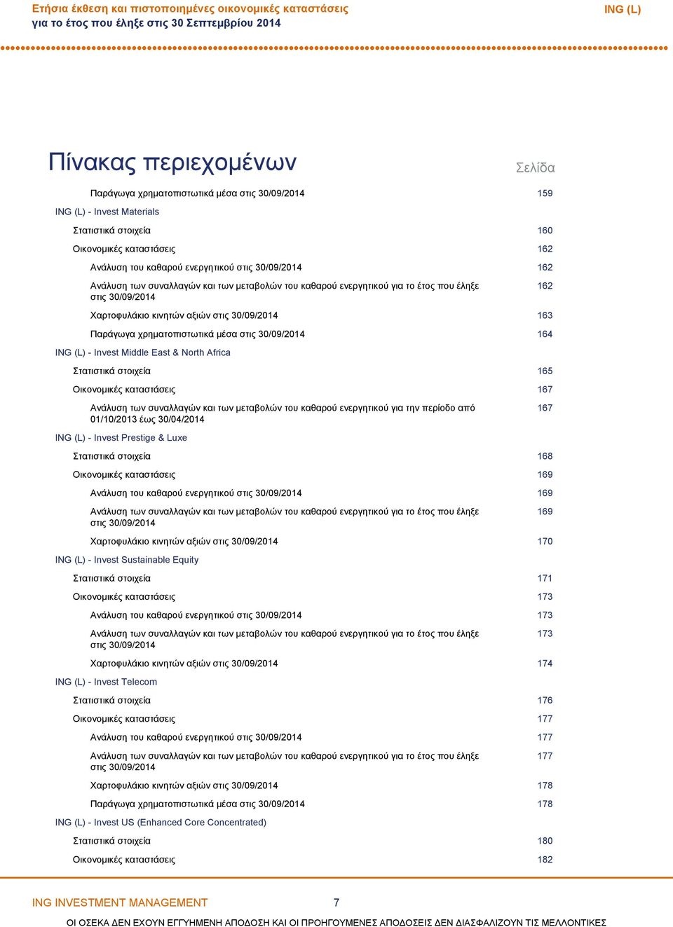 αξιών στις 30/09/2014 163 Παράγωγα χρηματοπιστωτικά μέσα στις 30/09/2014 164 Invest Middle East & North Africa Στατιστικά στοιχεία 165 Οικονομικές καταστάσεις 167 Ανάλυση των συναλλαγών και των