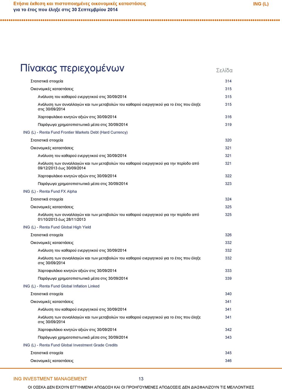 Renta Fund Frontier Markets Debt (Hard Currency) Στατιστικά στοιχεία 320 Οικονομικές καταστάσεις 321 Ανάλυση του καθαρού ενεργητικού στις 30/09/2014 321 Ανάλυση των συναλλαγών και των μεταβολών του