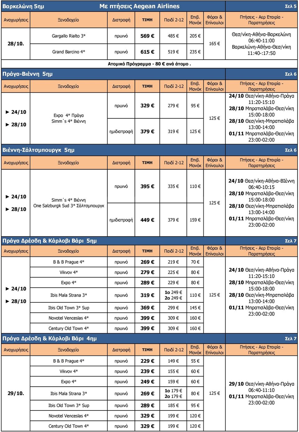Πράγα-Βιέννη 5ημ Expo 4* Πράγα Βιέννη-Σάλτσμπουργκ 5ημ πρωινό 329 279 95 ημι 379 319 Σελ 6 24/10 Θεσ/νίκη-Αθήνα-Πράγα 11:20-15:10 Σελ 6 One Salzburgk Sud 3* Σάλτσμπουργκ πρωινό 395 335 110 ημι 449