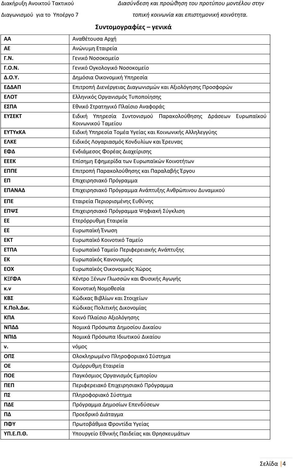Προσφορών Ελληνικός Οργανισμός Τυποποίησης Εθνικό Στρατηγικό Πλαίσιο Αναφοράς ΕΥΣΕΚΤ Ειδική Υπηρεσία Συντονισμού Παρακολούθησης Δράσεων Ευρωπαϊκού Κοινωνικού Ταμείου ΕΥΤΥκΚΑ ΕΛΚΕ ΕΦΔ ΕΕΕΚ ΕΠΠΕ ΕΠ