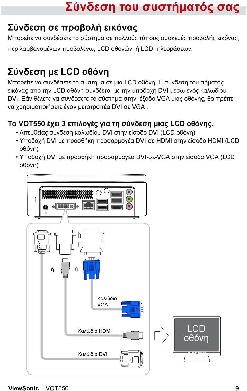 Εάν θέλετε να συνδέσετε το σύστημα στην έξοδο VGA μιας οθόνης, θα πρέπει να χρησιμοποιήσετε έναν μετατροπέα DVI σε VGA. Το VOT550 έχει 3 επιλογές για τη σύνδεση μιας LCD οθόνης.