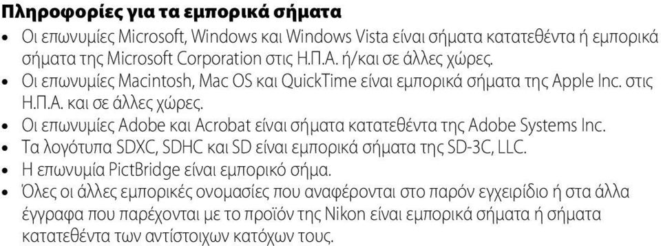 Οι επωνυμίες Adobe και Acrobat είναι σήματα κατατεθέντα της Adobe Systems Inc. Τα λογότυπα SDXC, SDHC και SD είναι εμπορικά σήματα της SD-3C, LLC.