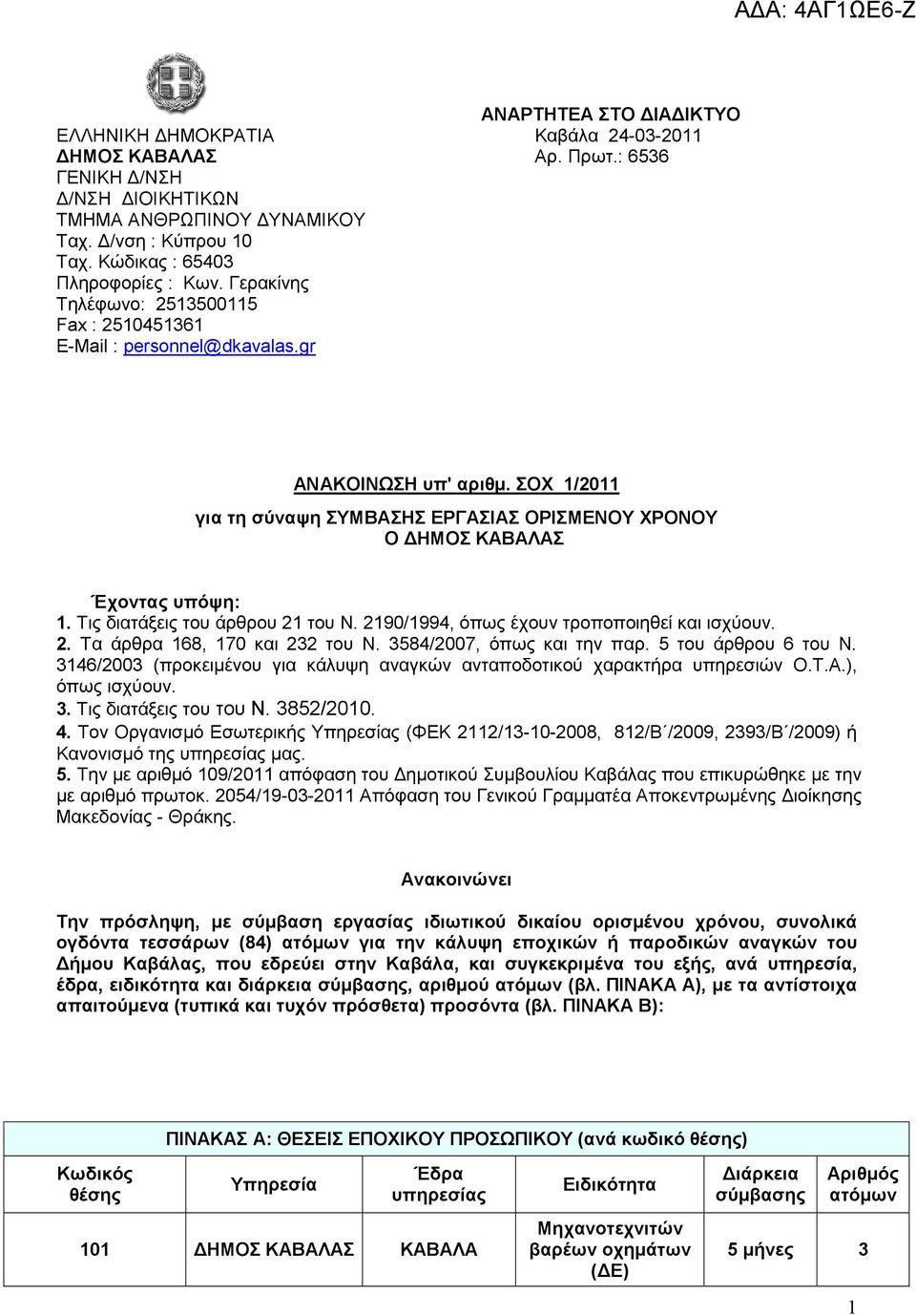 ΣΟΧ 1/2011 για τη σύναψη ΣΥΜΒΑΣΗΣ ΕΡΓΑΣΙΑΣ ΟΡΙΣΜΕΝΟΥ ΧΡΟΝΟΥ Ο ΗΜΟΣ ΚΑΒΑΛΑΣ Έχοντας υπόψη: 1. Τις διατάξεις του άρθρου 21 του Ν. 2190/1994, όπως έχουν τροποποιηθεί ισχύουν. 2. Τα άρθρα 168, 170 232 του Ν.